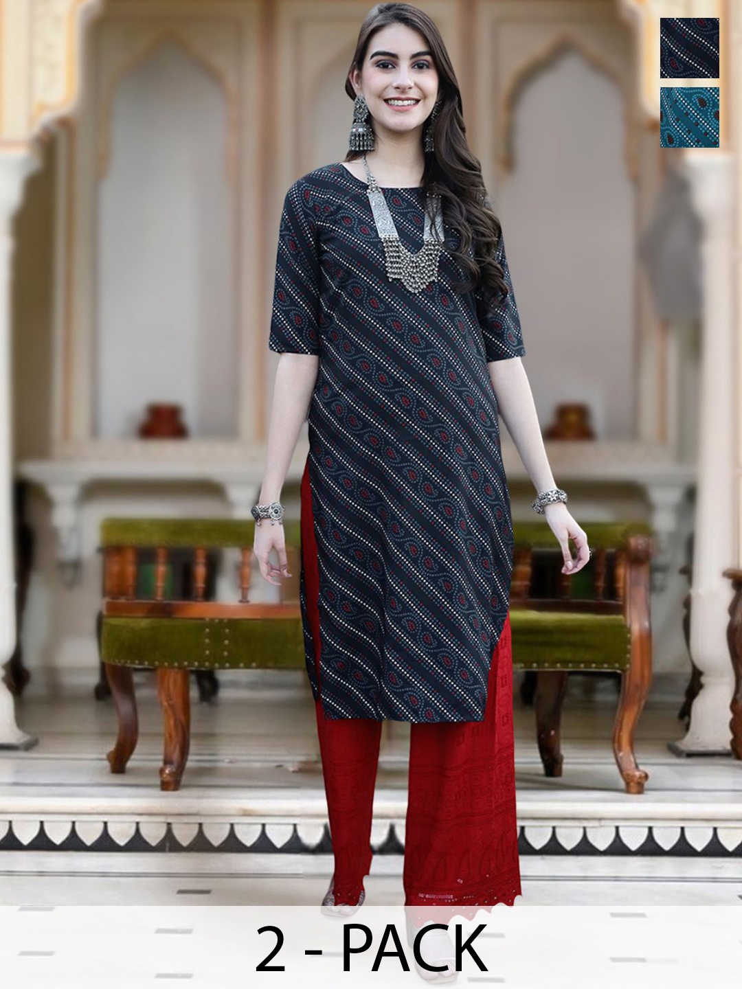 

Moda Rapido Selection Of 2 Bandhani Printed Round Neck Straight Kurta, Black