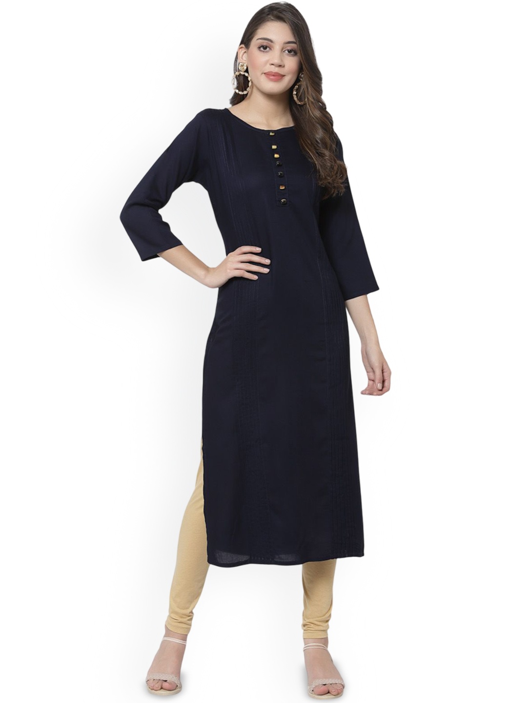 

DELIS Round Neck Pure Cotton Straight Kurta, Navy blue