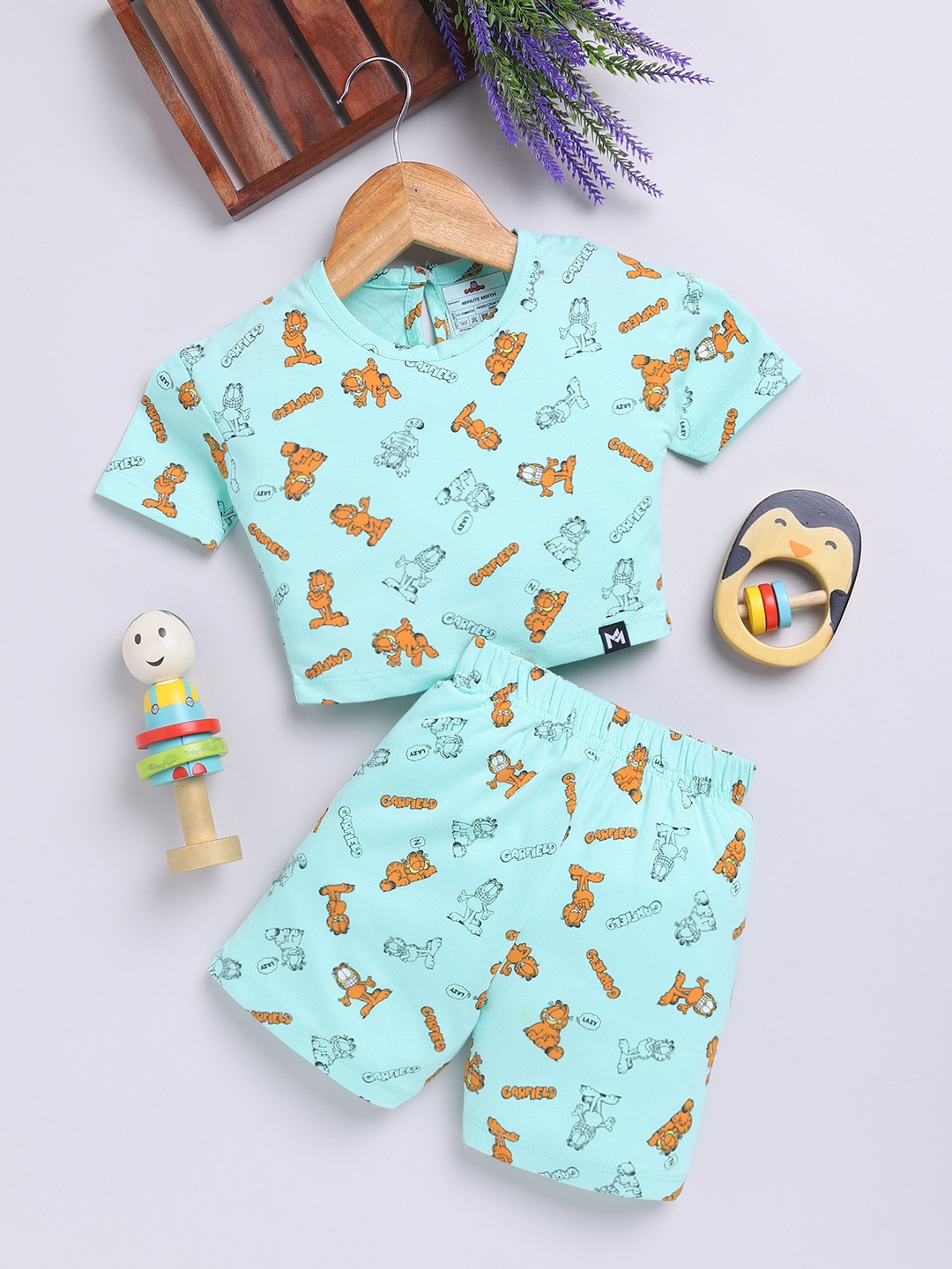 

YK X Minute Mirth Infant Girls Garfield Printed Pure Cotton Top With Shorts, Green