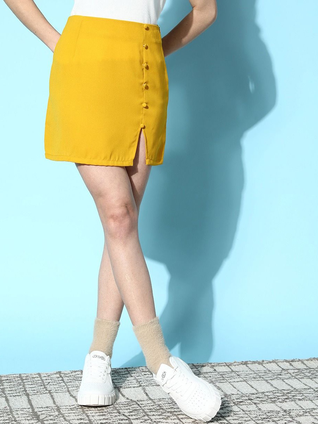 

Berrylush High Rise Front-Slitted Pencil Mini Skirt, Yellow