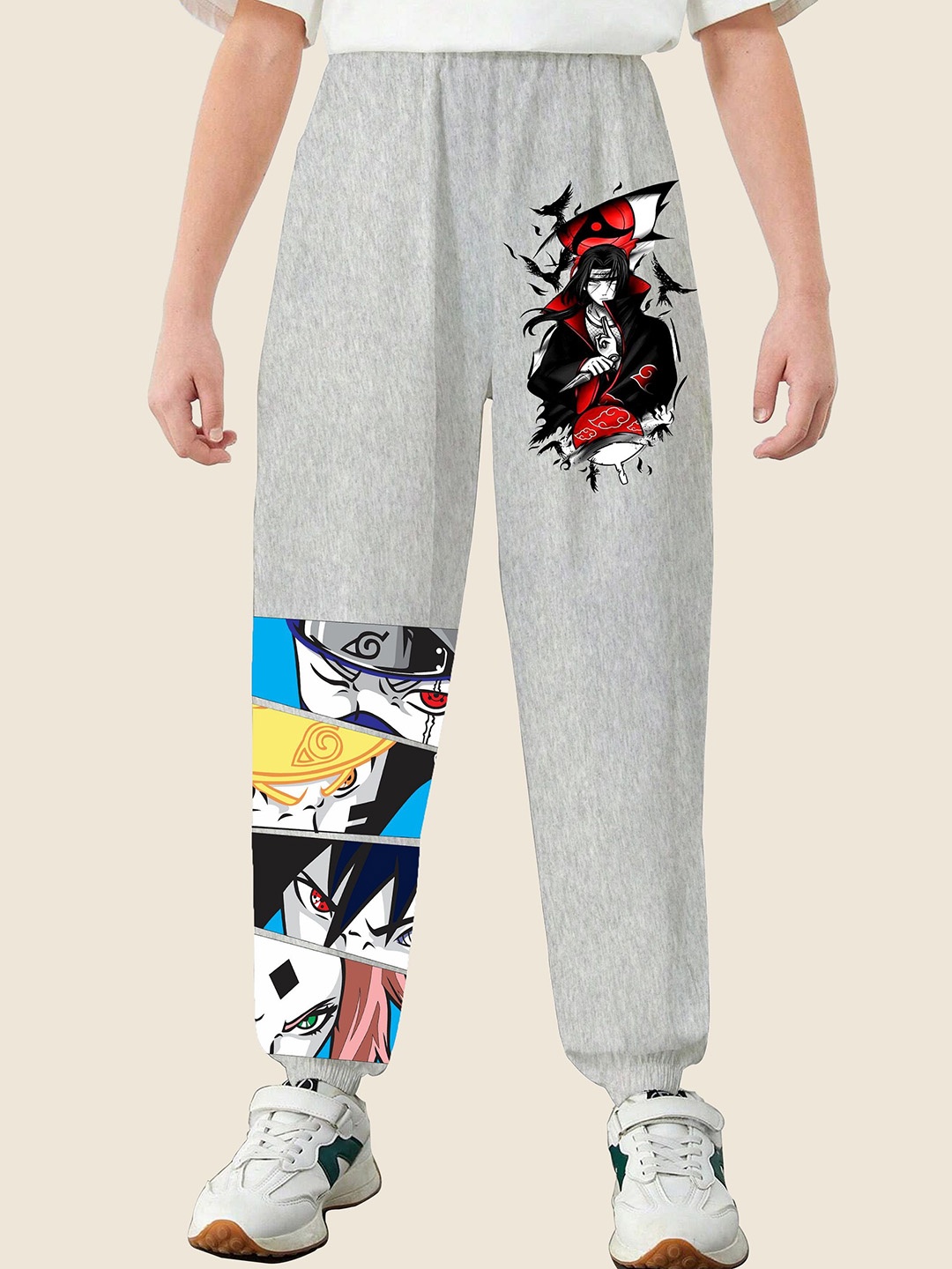

MODARUE Boys Anime Printed Cotton Mid Rise Joggers, Grey