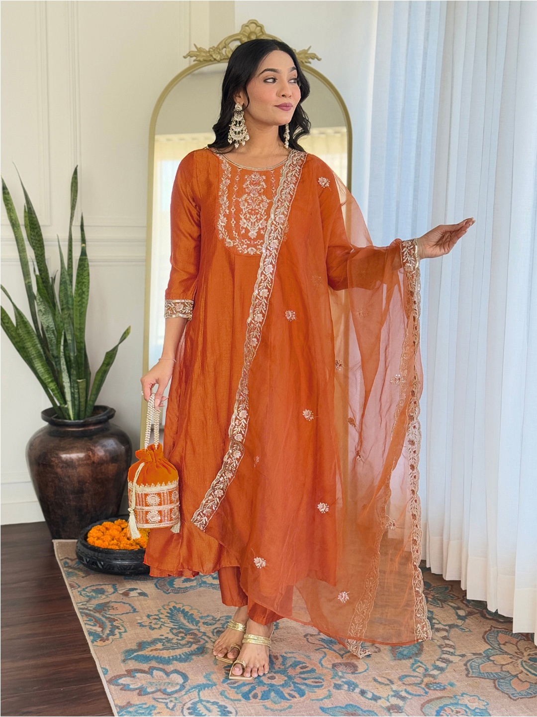 

KALINI Women Embroidered Regular Kurta with Trousers & With Dupatta, Orange