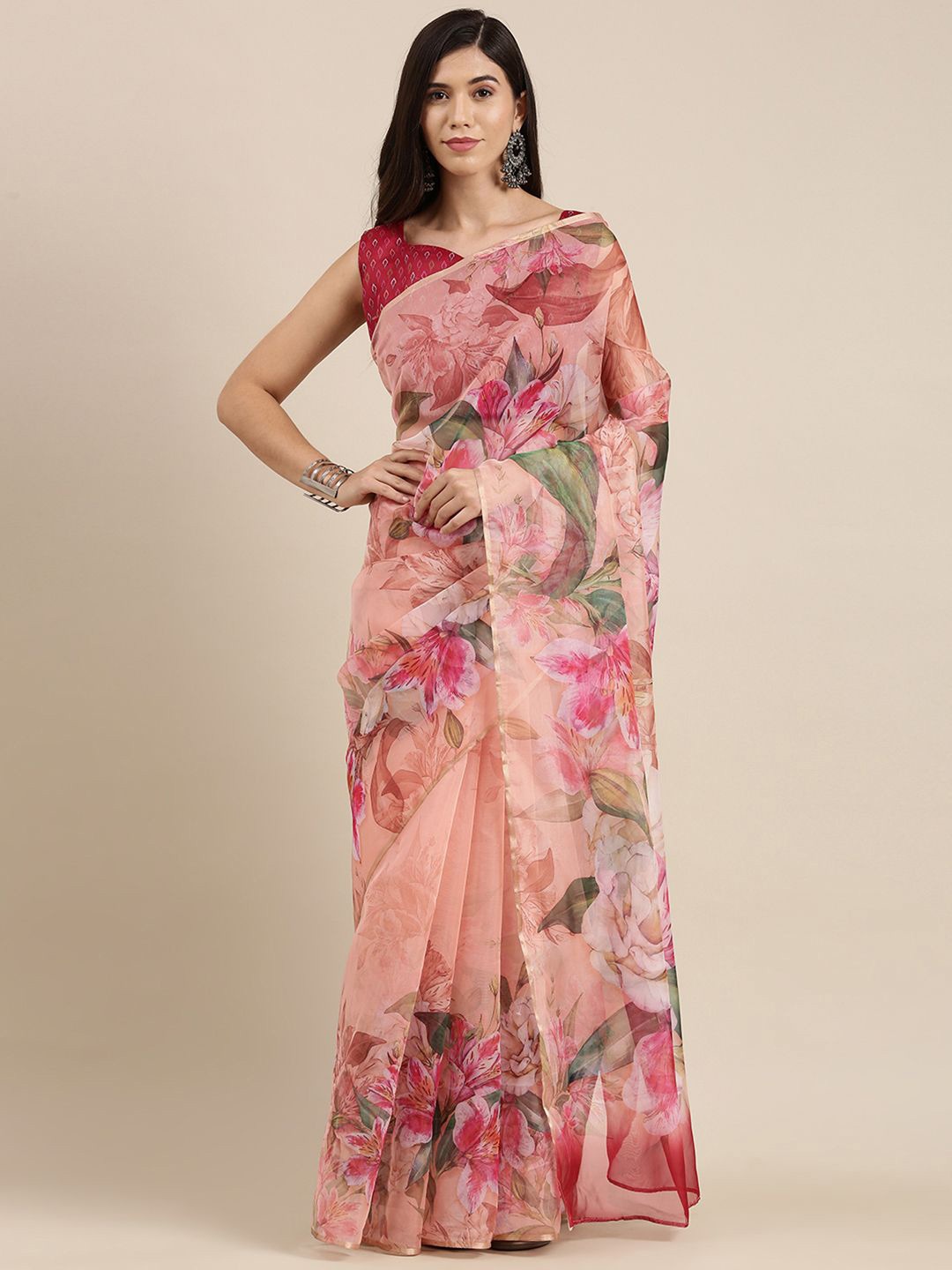 

Mitera Floral Organza Saree, Peach