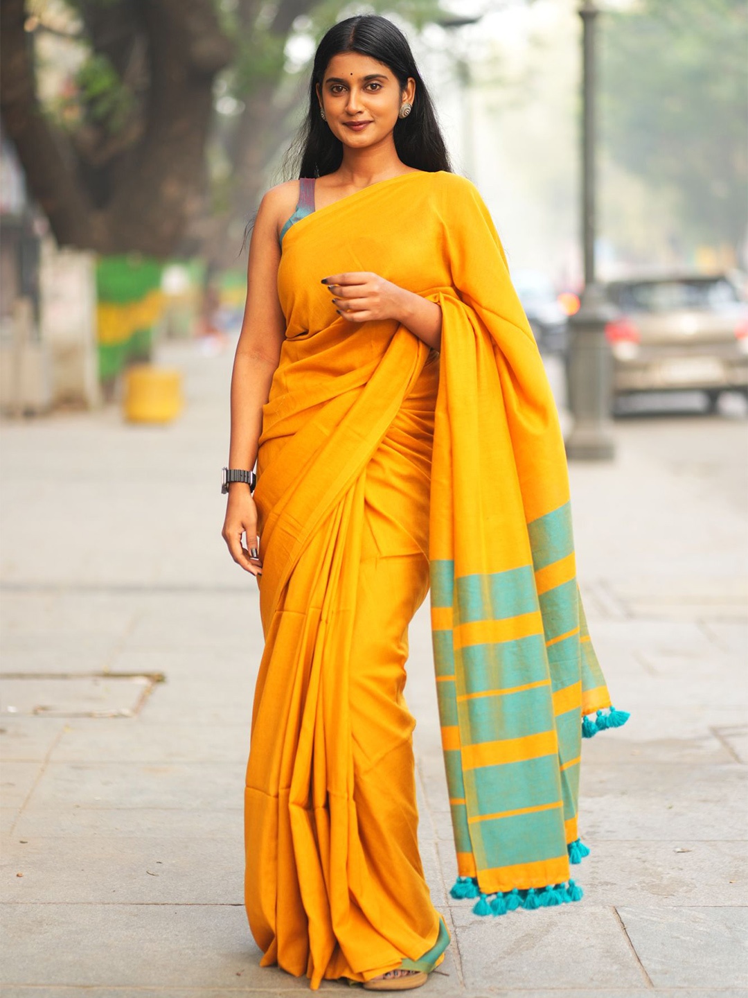 

I LOVE SAREES Yellow Acrylic Cotton Saree