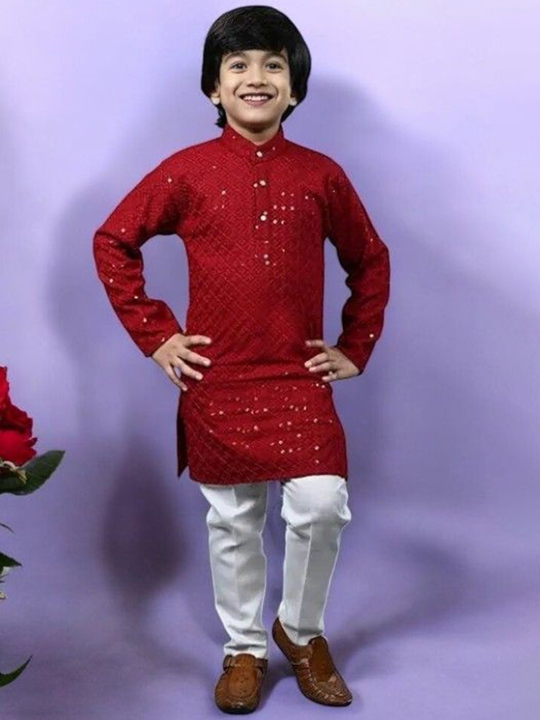 

Qtsy Boys Embroidered Regular Mirror Work Pure Cotton Kurta with Pyjamas &, Maroon
