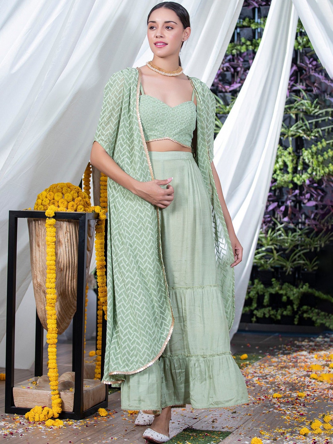

SEW Chikankari Embroidered Top & Palazzos With Shrug Co-Ords Set, Green