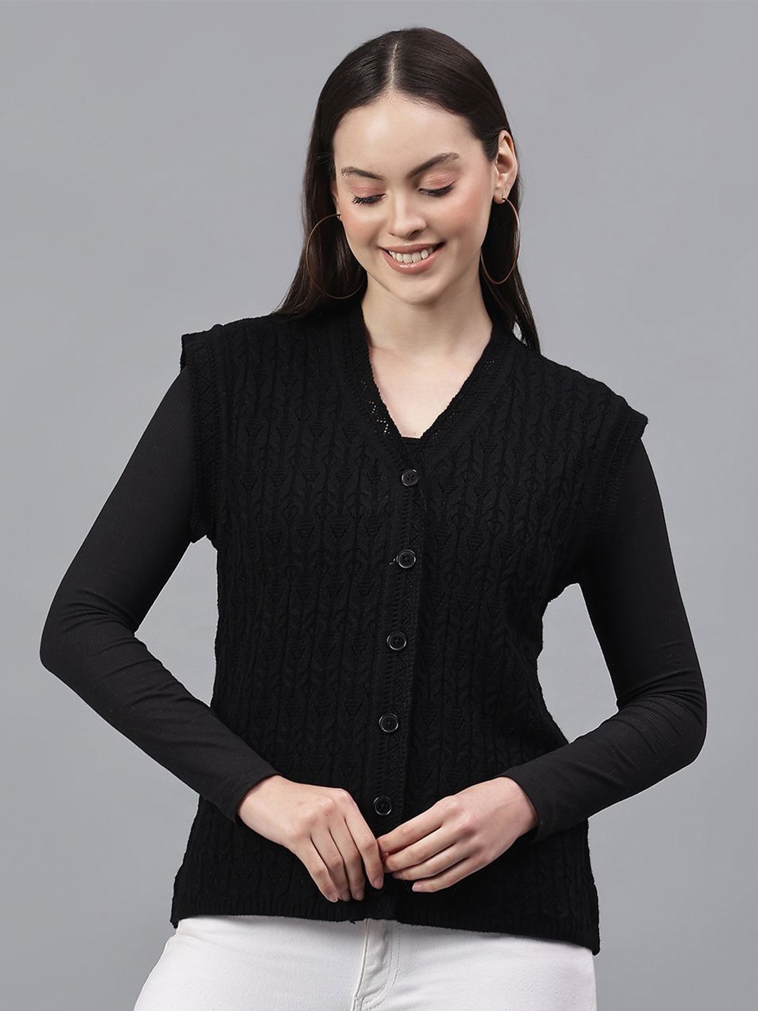 

Cantabil Women Cable Knit Cardigan, Black