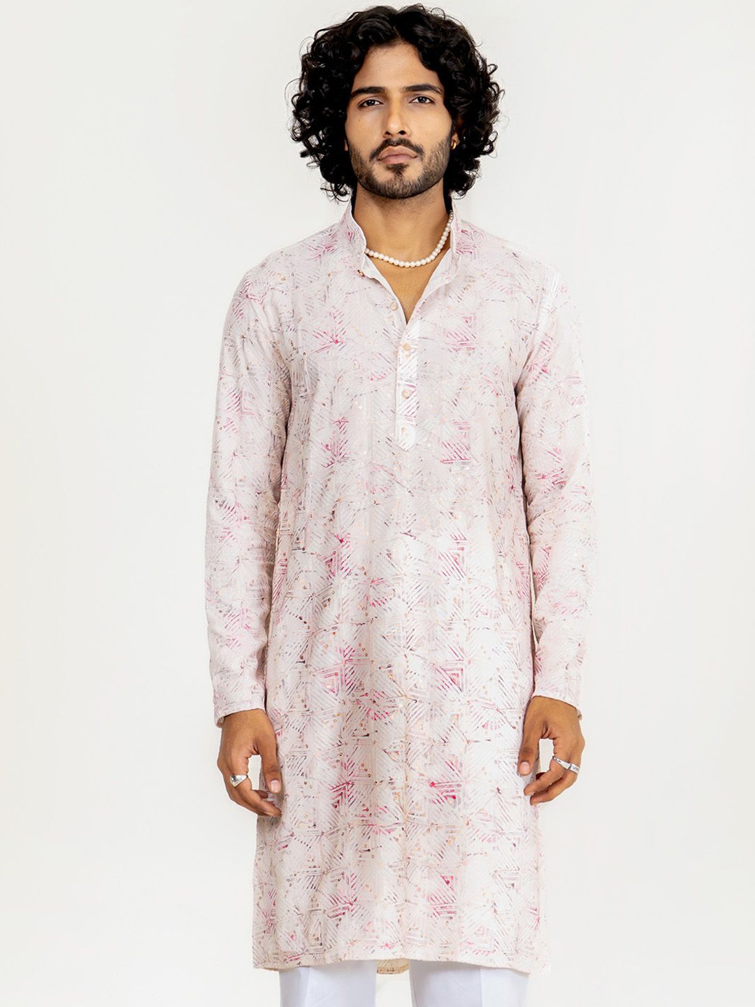 

Tistabene Abstract Printed Sequinned Mandarion Collar Straight Kurta, Pink