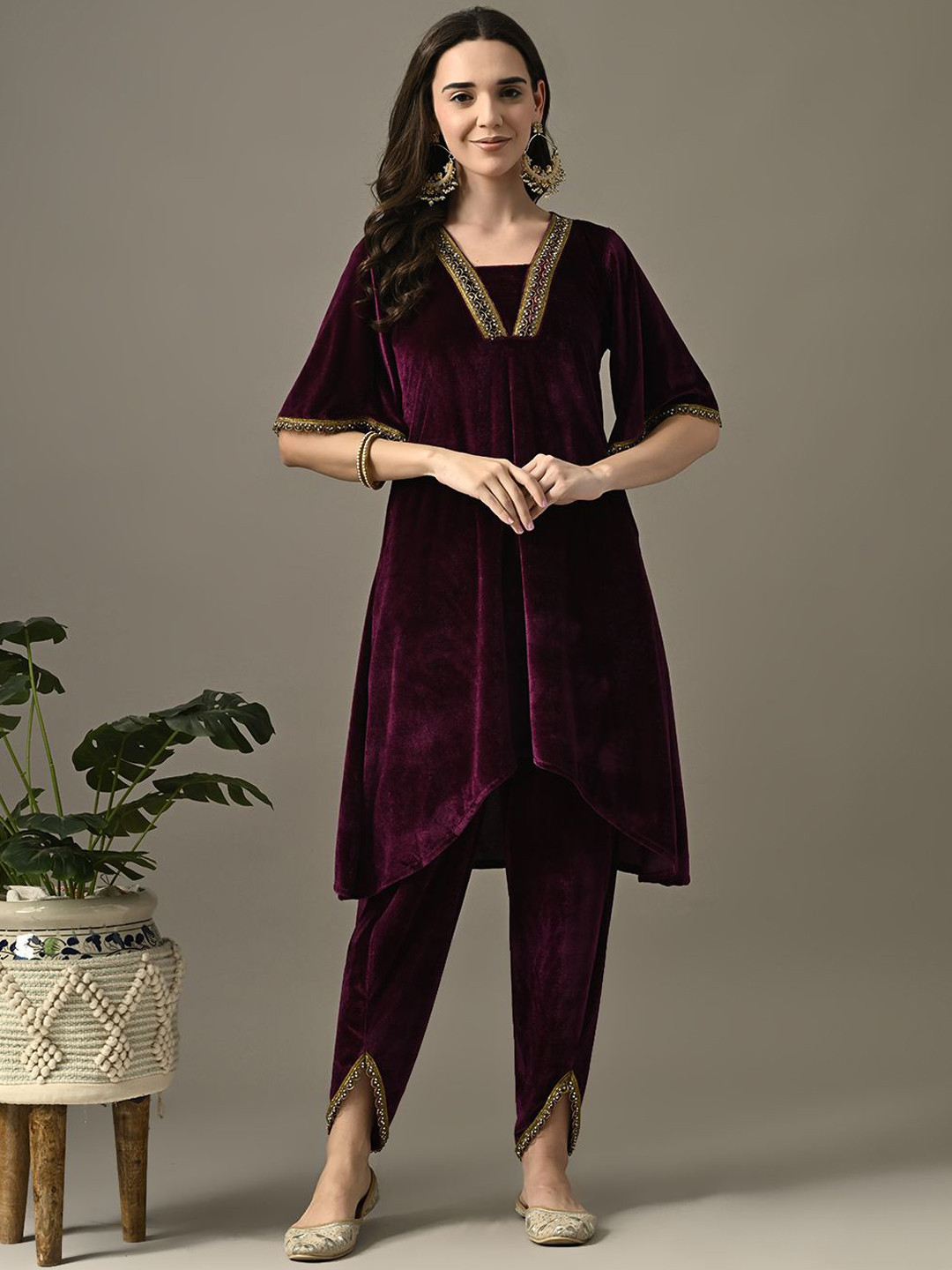 

KALINI Women Regular Velvet Kurta with Dhoti Pants, Magenta