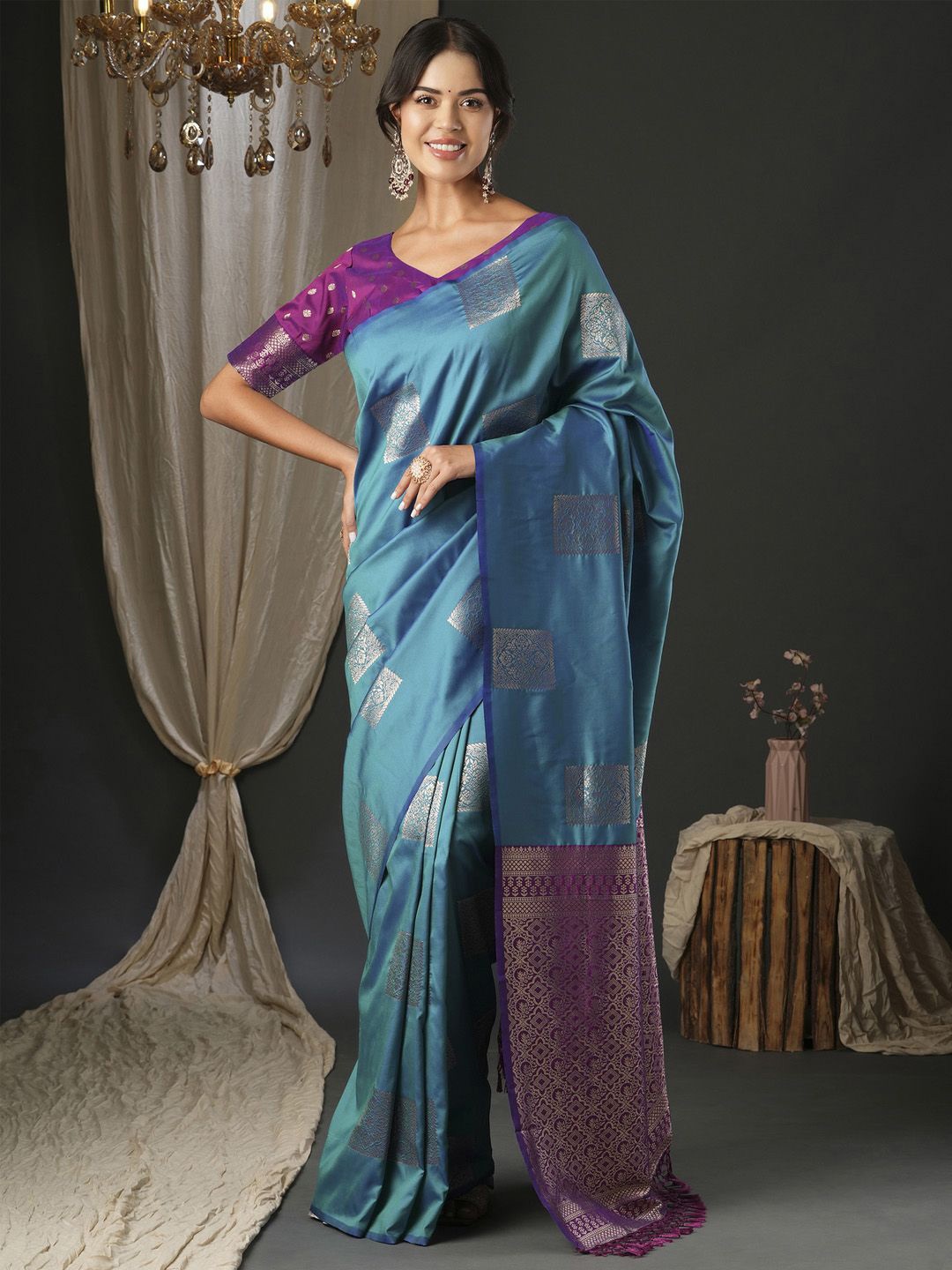 

Mitera Ethnic Motifs Zari Silk Blend Banarasi Saree, Blue