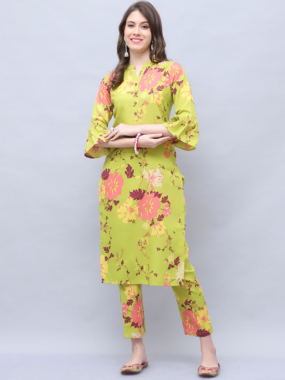 

KALINI Floral Printed Mandarin Collar Pure Cotton Tunic With Trouser, Green