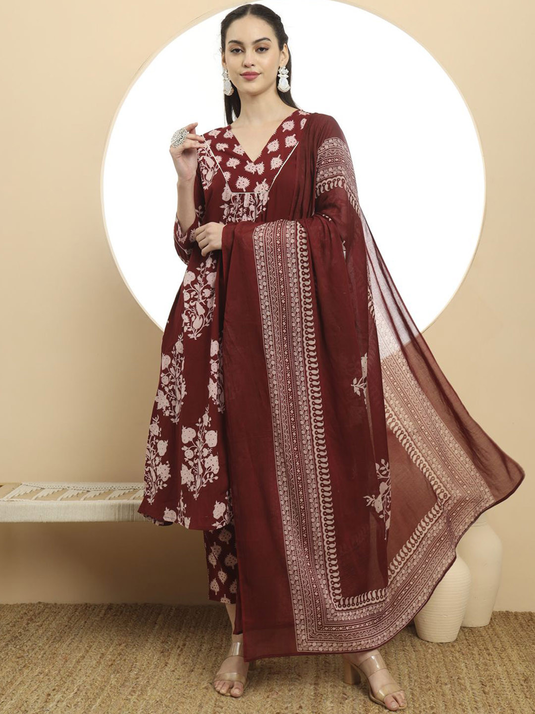 

Yufta Women Floral Printed Pleated Gotta Patti Pure Cotton Kurta with Trousers & With Dupatta, Maroon