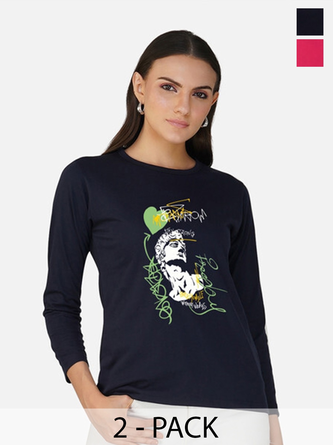 

Metronaut Women 2 Printed Bio Finish Applique T-shirt, Navy blue