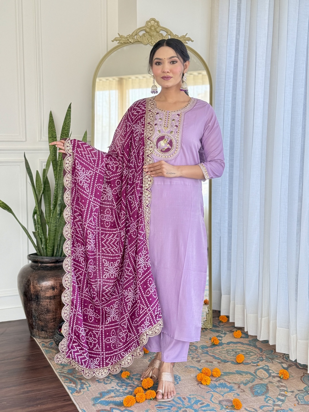 

KALINI Women Embroidered Regular Kurta with Trousers & With Dupatta, Lavender