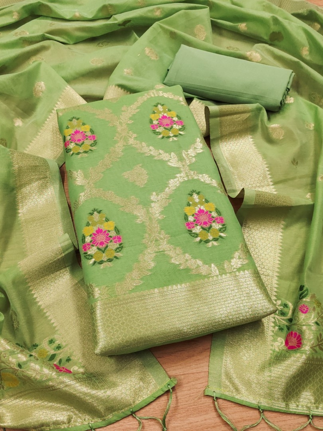 

Rangtulika Ethnics Floral Woven Design Unstitched Dress Material, Lime green