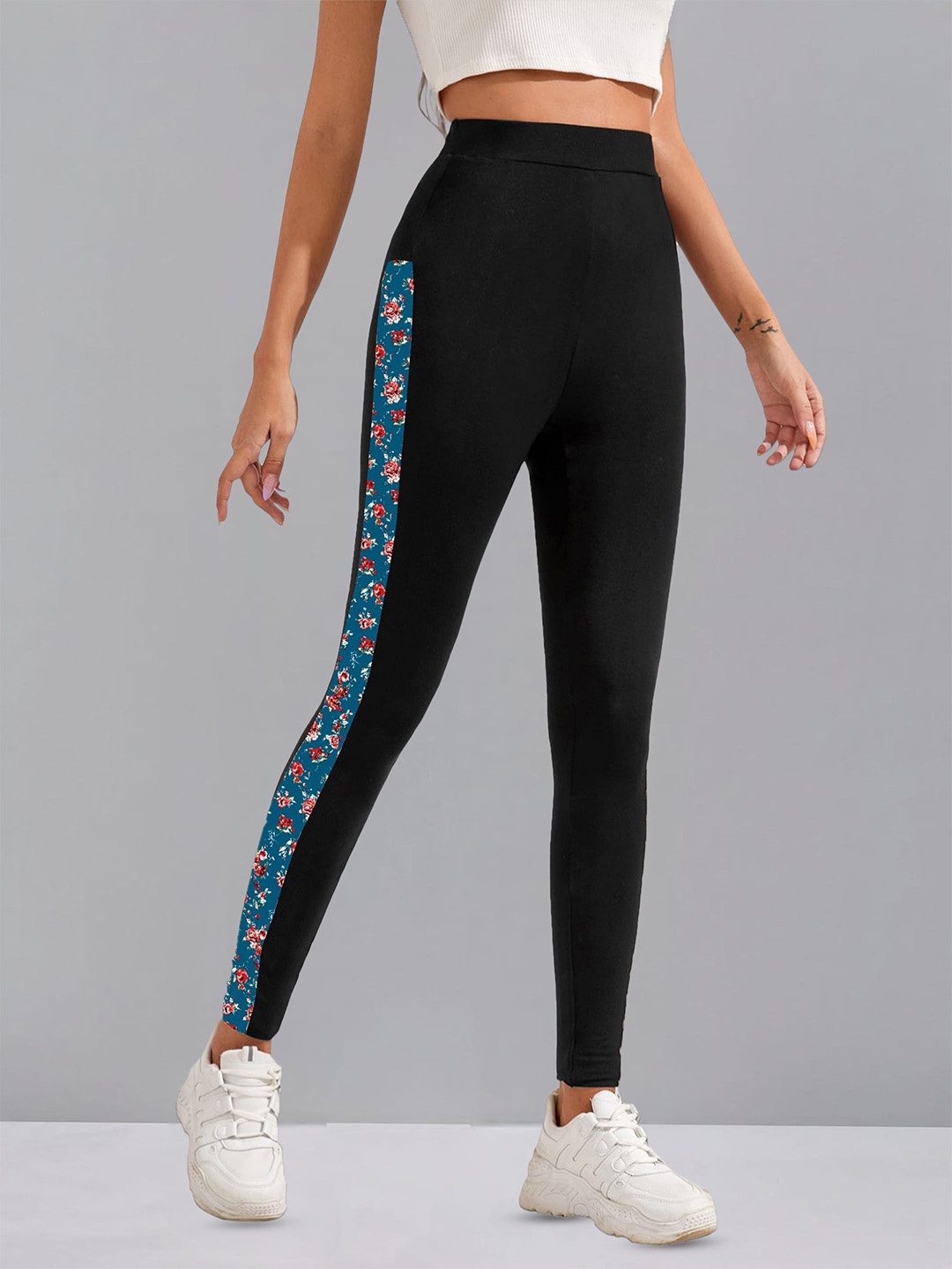 

DTR FASHION Floral Printed Mid-Rise Ankle-Length Gym Tights, Black