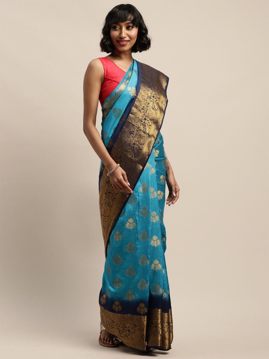 

DIVASTRI Woven Design Zari Silk Blend Banarasi Saree, Blue