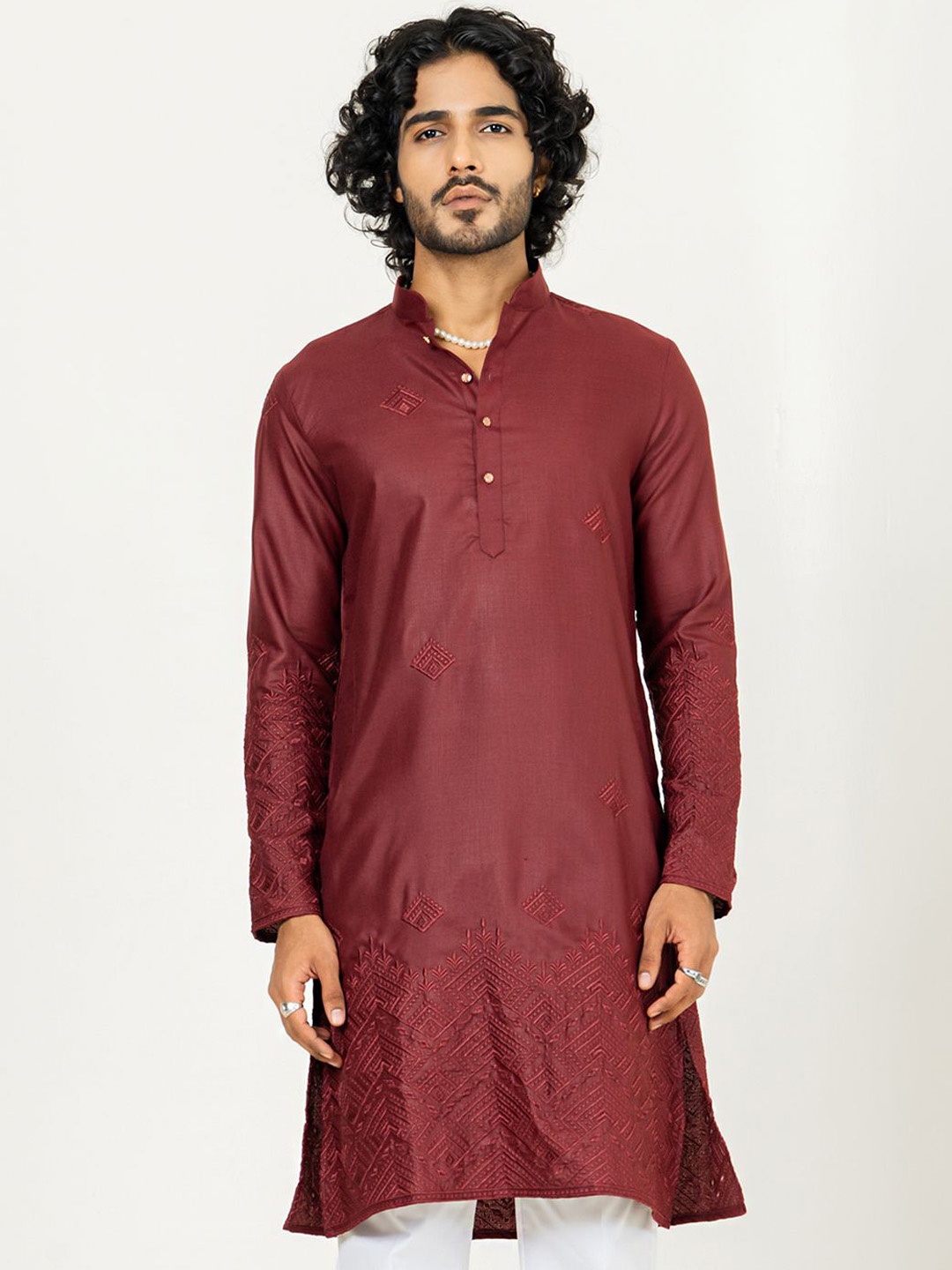 

Tistabene Woven Design Mandarin Collar Thread Work Handloom Straight Kurta, Brown