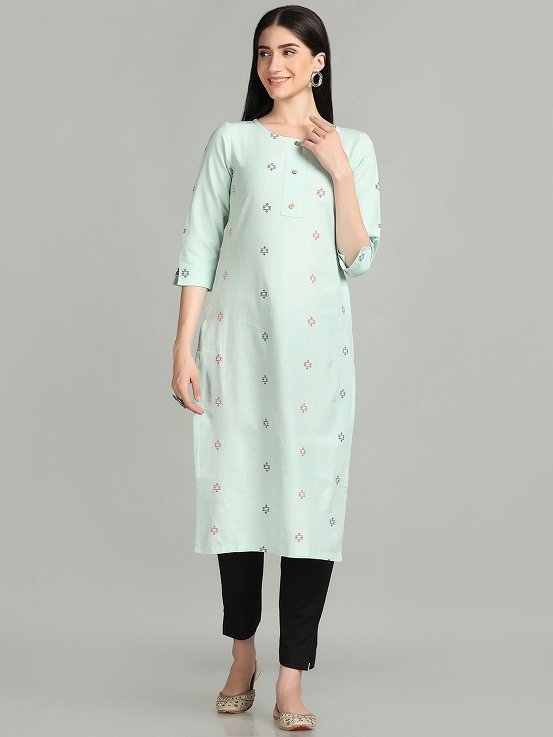 

KALINI Geometric Embroidered Thread Work Cotton Straight Kurta, Blue