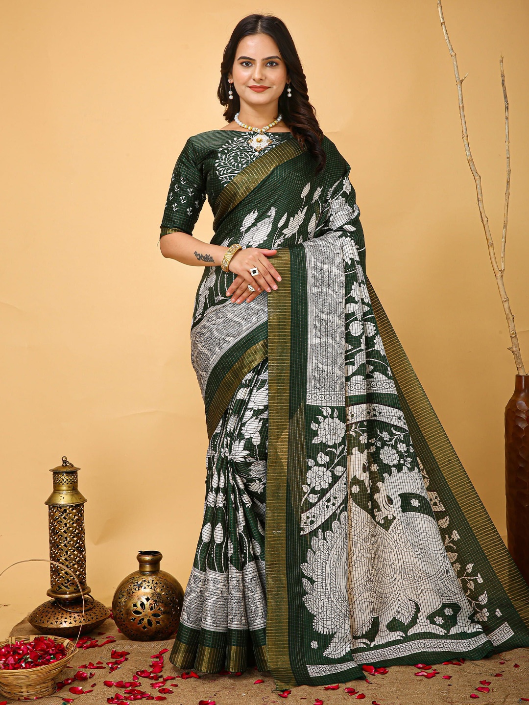 

HI FI NX Floral Zari Pure Cotton Kanjeevaram Saree, Green