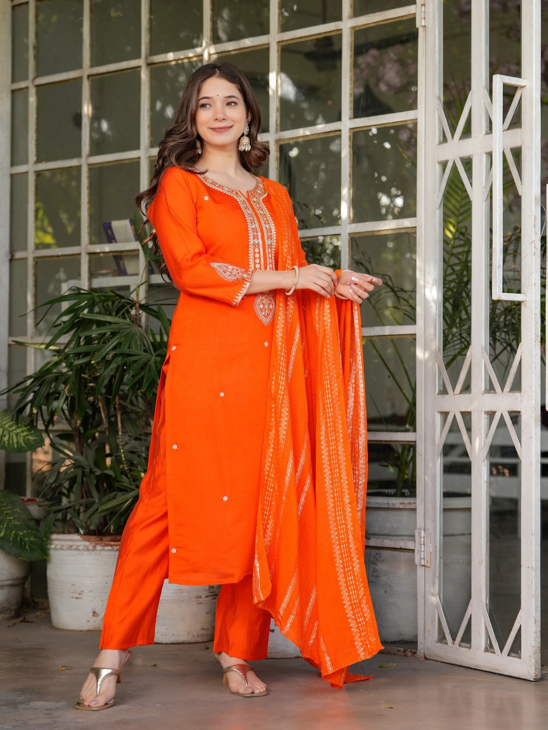 

ORUS Women Embroidered Regular Sequinned Chanderi Silk Kurta with Trousers & With Dupatta, Orange