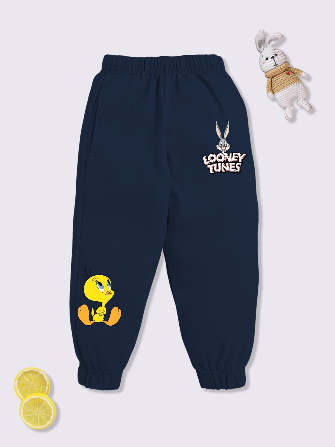 

YK X Minute Mirth Girls Tweety Printed Cotton joggers, Navy blue