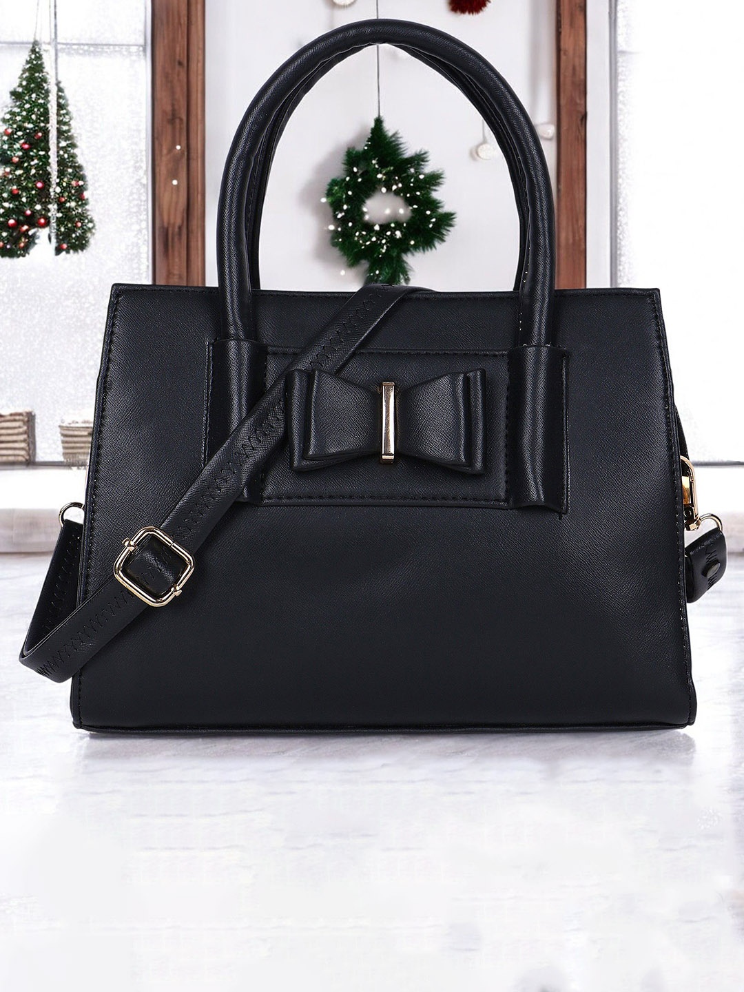 

LADY QUINTON PU Structured Handheld Bag with Bow Detail, Black
