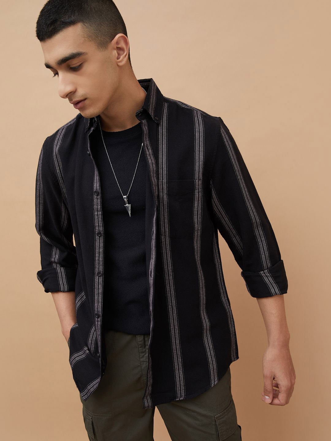 

Fame Forever by Lifestyle Men Opaque Striped Casual Shirt, Black