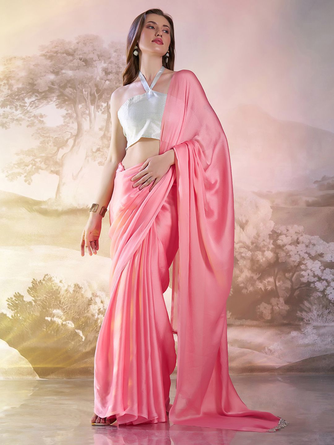 

Mitera Pure Chiffon Ready to Wear Saree, Pink