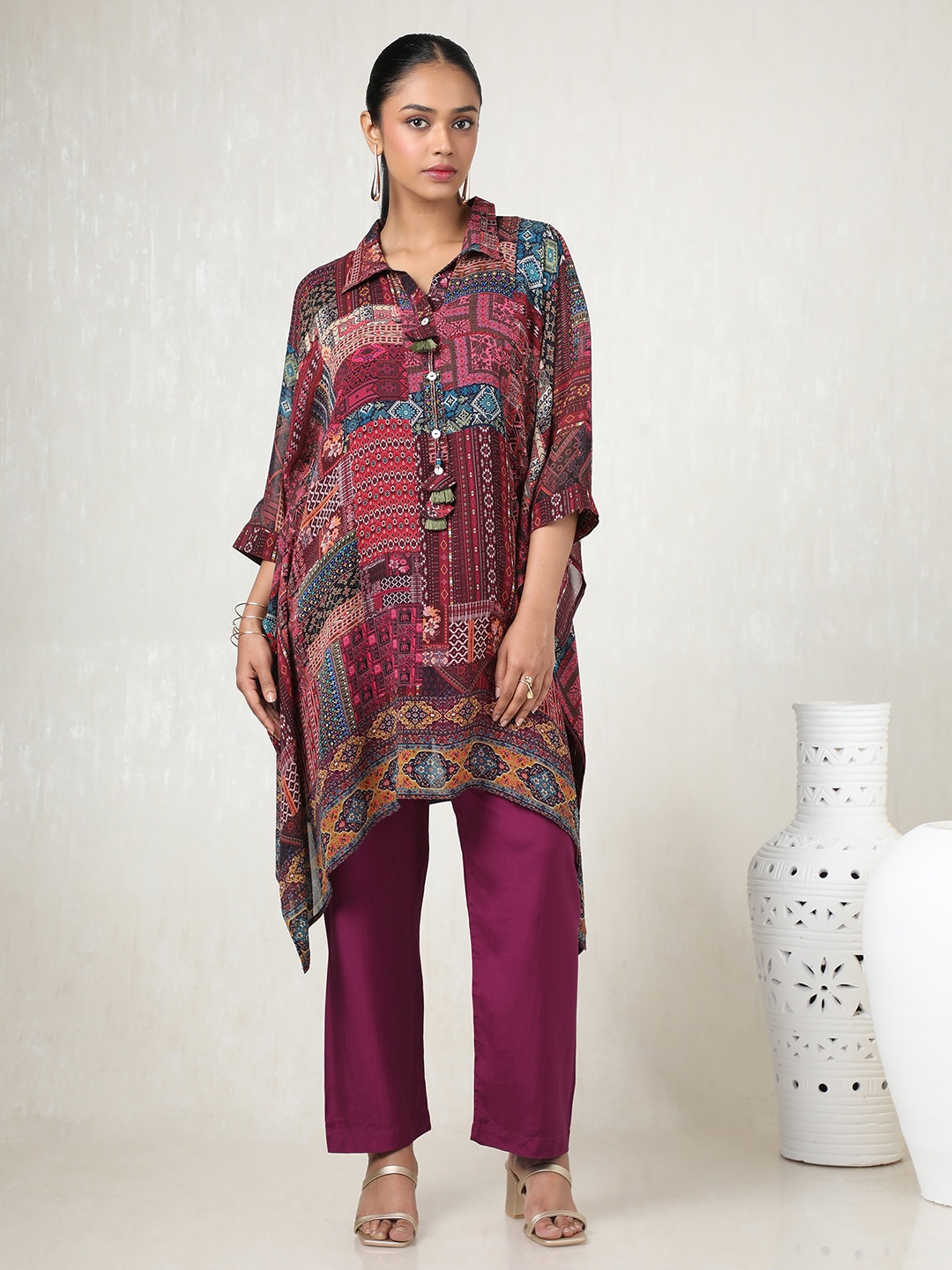 

Soch Women Floral Printed Regular Thread Work Kurta with Trousers, Purple