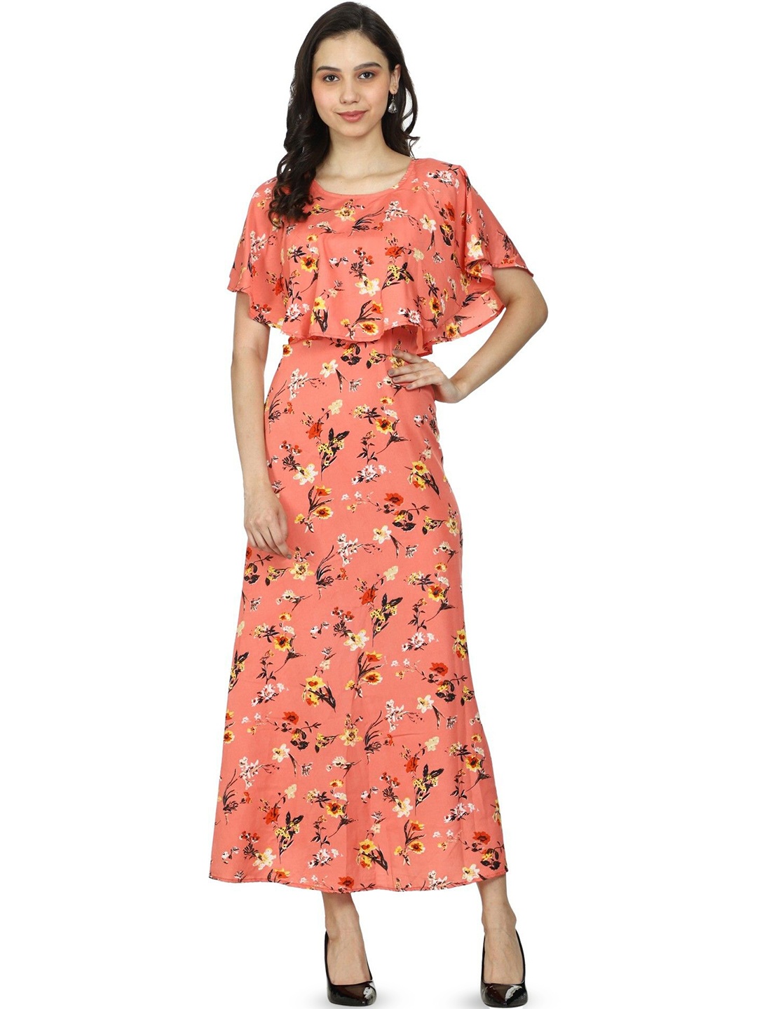 

ROARERS Floral Print Cape Sleeve Crepe A-Line Maxi Dress, Orange