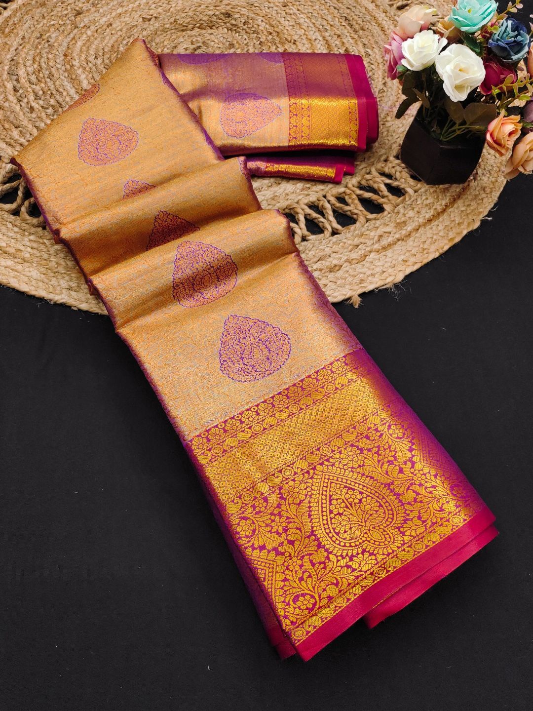 

yourwish Ethnic Motifs Zari Pure Silk Kanjeevaram Saree, Purple