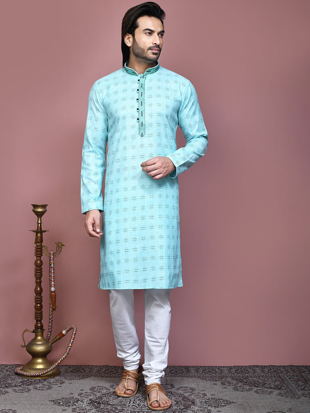 

RANAK Men Embroidered Regular Pure Cotton Kurta with Pyjamas, Blue