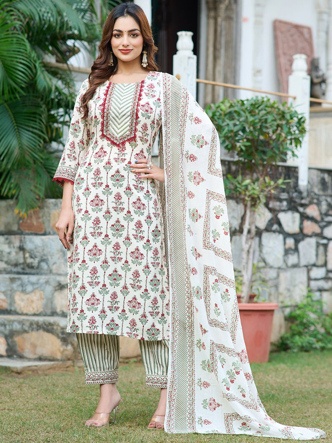 

Moda Rapido Women Floral Printed Regular Kurta with Trousers & With Dupatta, Cream