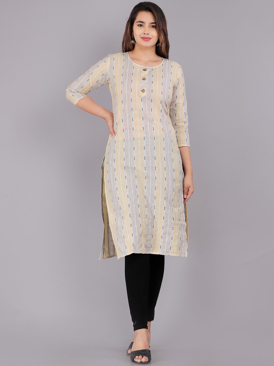 

ASANSHI Striped Round Neck Cotton Straight Kurta, Yellow