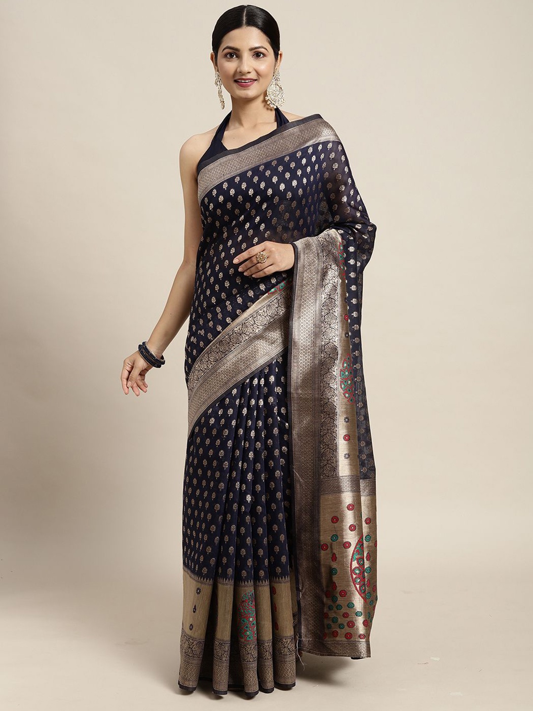 

Mitera Woven Design Zari Silk Cotton Banarasi Saree, Navy blue