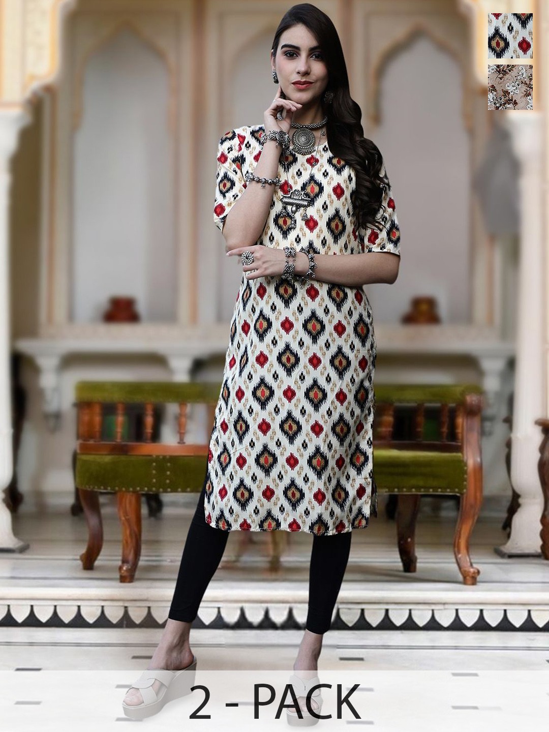 

Moda Rapido Selection Of 2 Geometric Printed Round Neck Straight Kurta, Cream