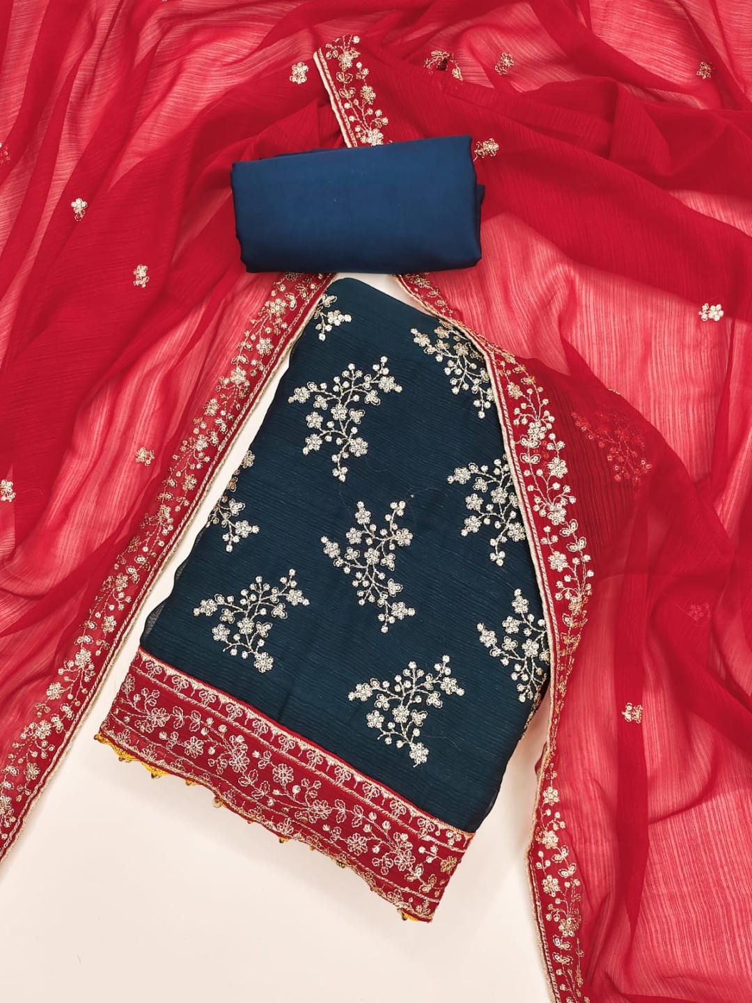 

SWARNGANGA TEX Floral Embroidered Georgette Unstitched Dress Material, Blue