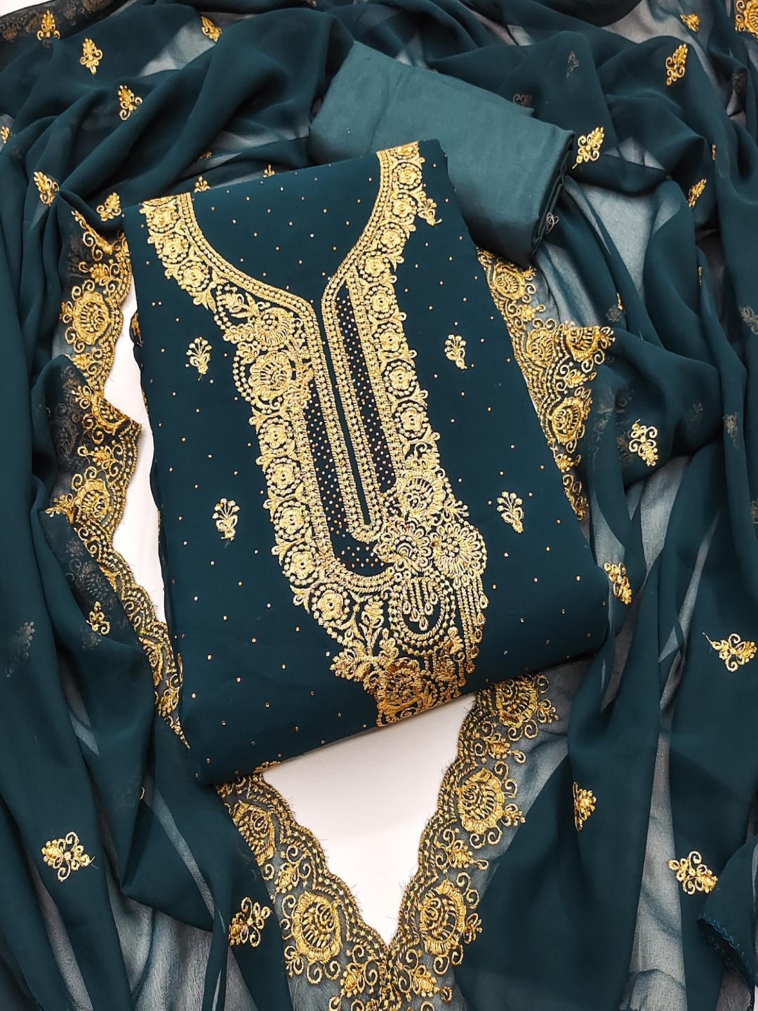 

Panzora Embroidered Zari Georgette Unstitched Dress Material, Teal
