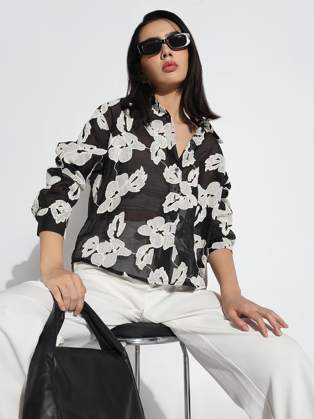 

SHOWOFF Women Comfort Floral Semi Sheer Casual Shirt, Black