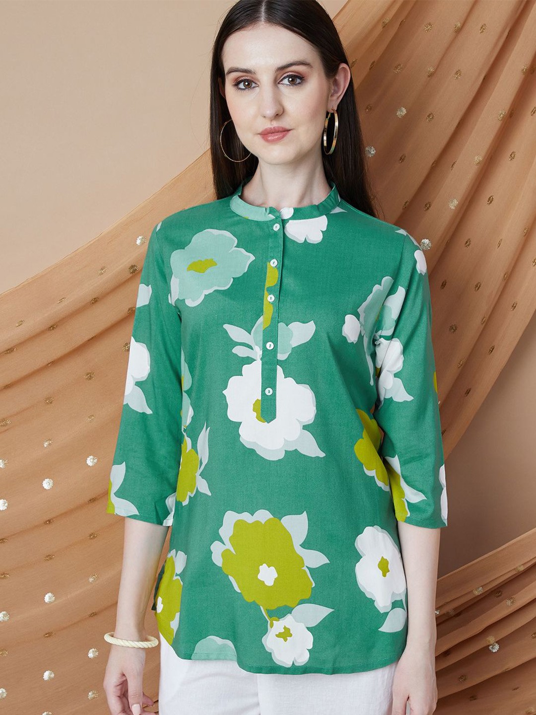 

Melange by Lifestyle Floral Printed Shirt Collar Kurti, Teal
