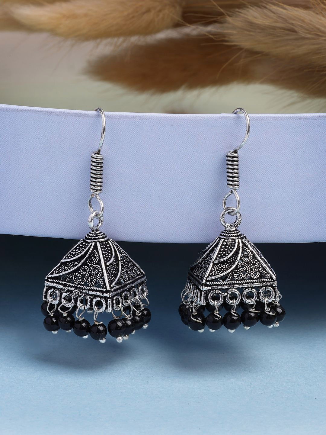 

NVR Women German Silver Oxidised Silver Plated Dome Shaped Artificial Beads Jhumka