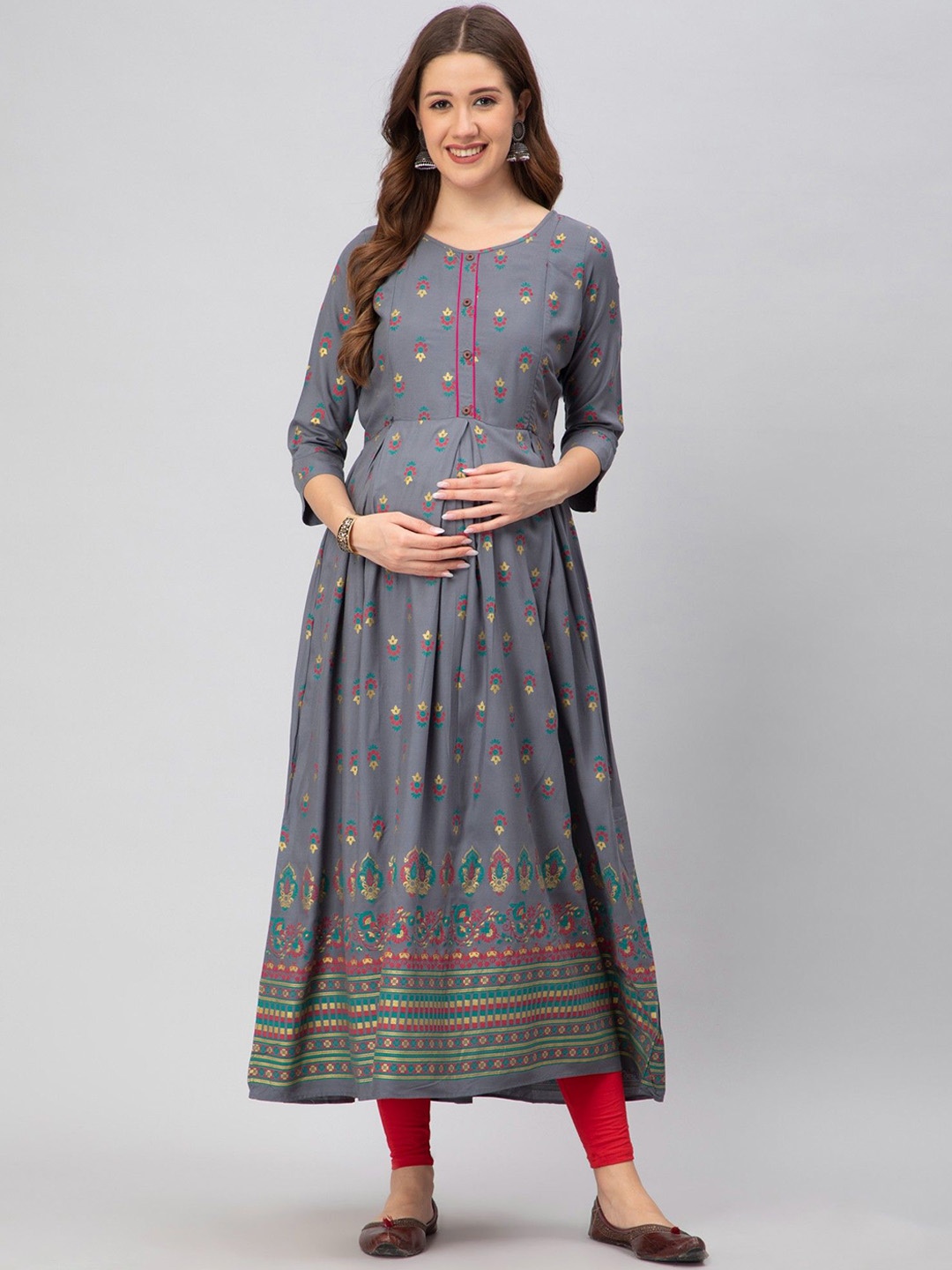 

CEE-18 Ethnic Motifs Printed A-Line Maternity Kurta, Grey