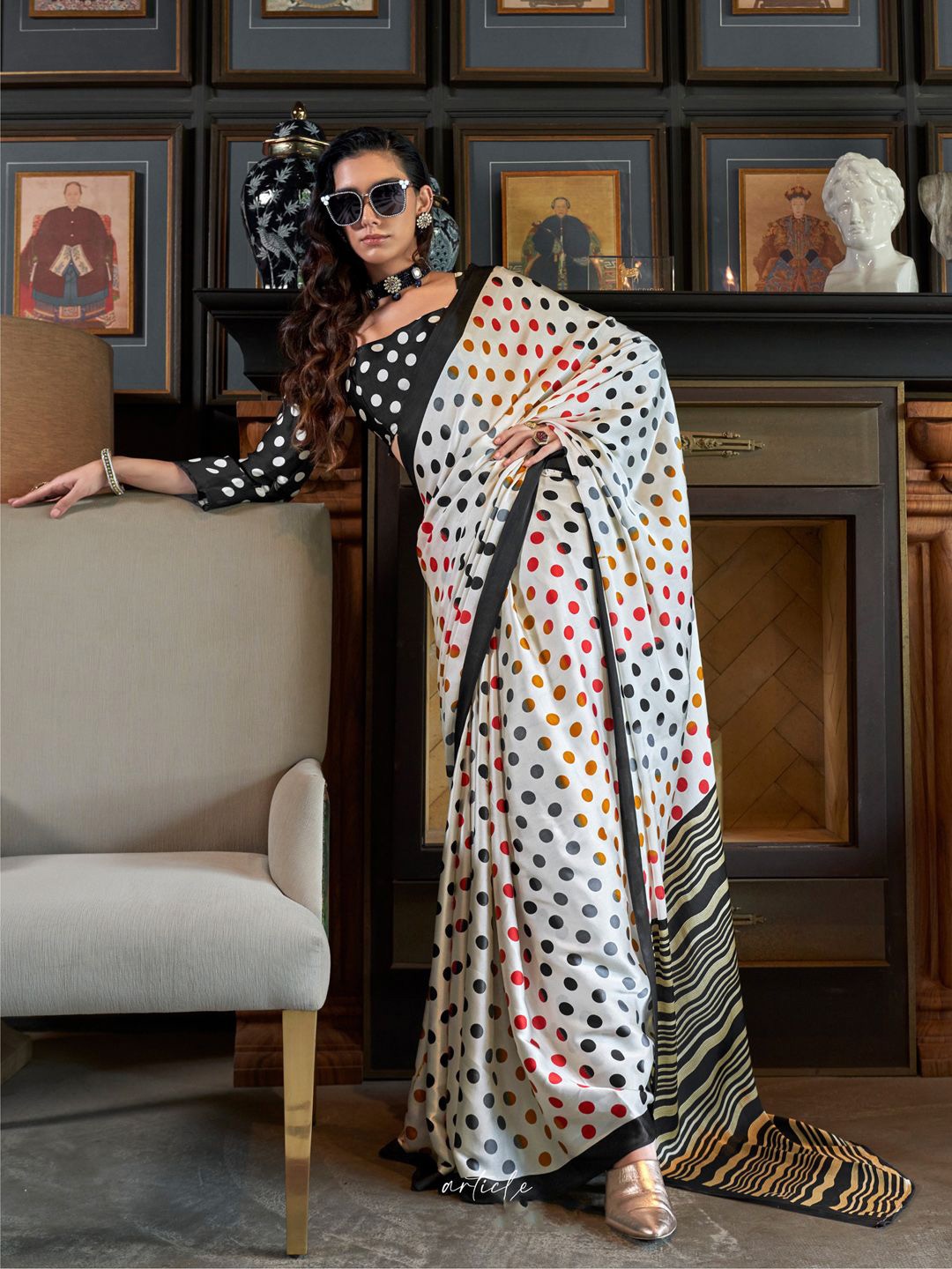 

Mitera Polka Dot Poly Crepe Patola Saree, White
