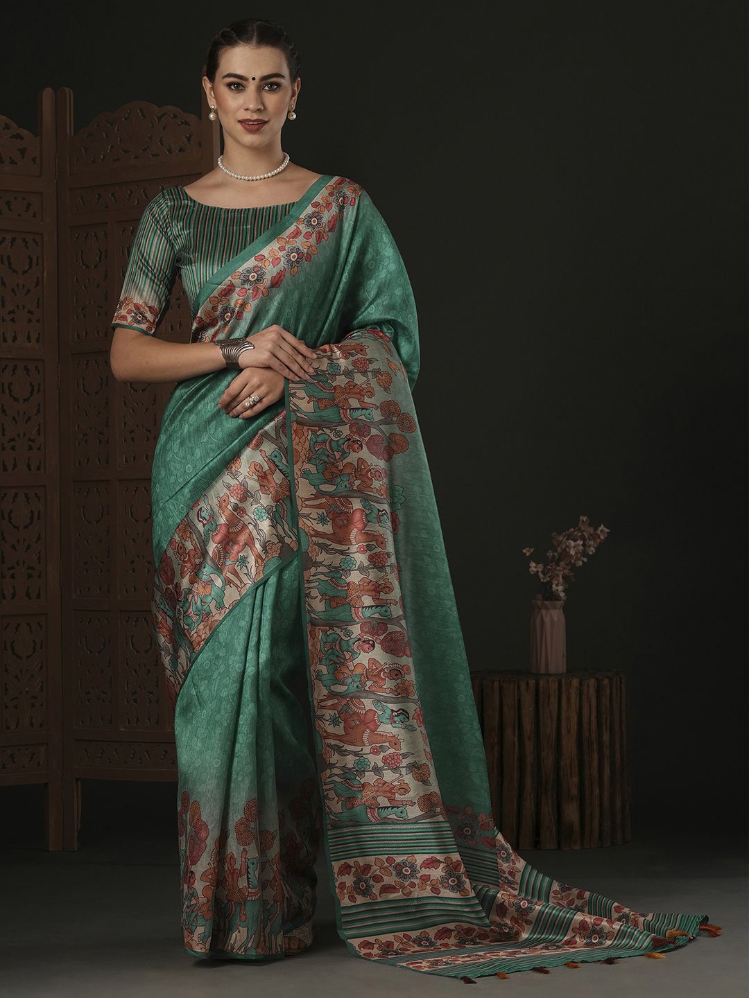 

Mitera Floral Silk Blend Dabu Saree, Teal