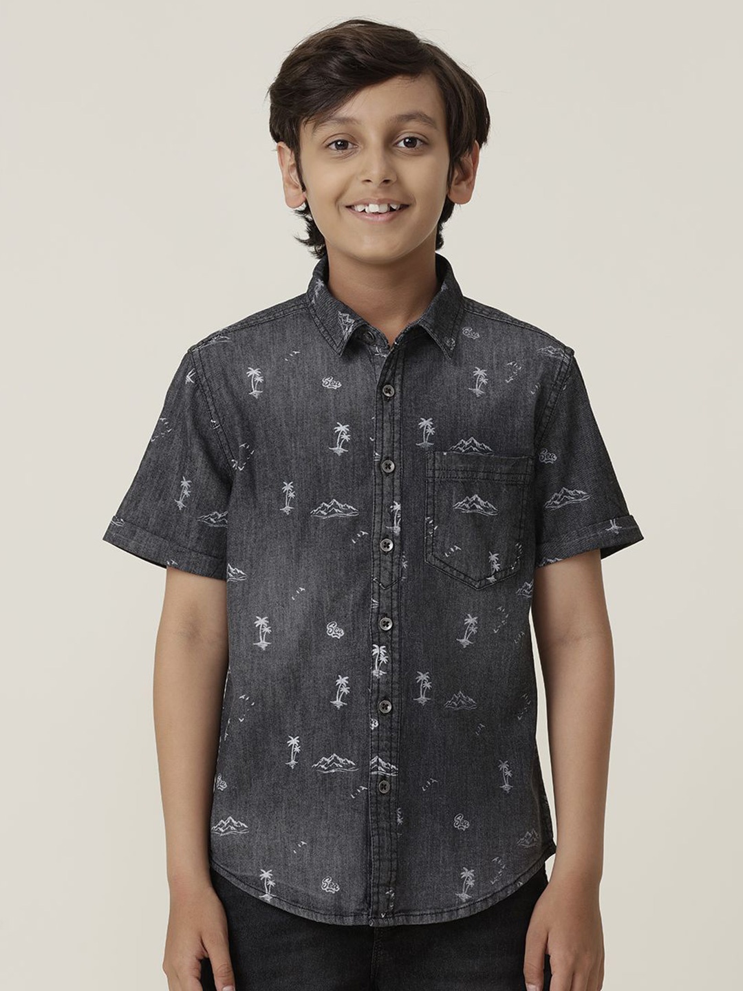 

UNDER FOURTEEN ONLY Boys Opaque Printed Casual Shirt, Black
