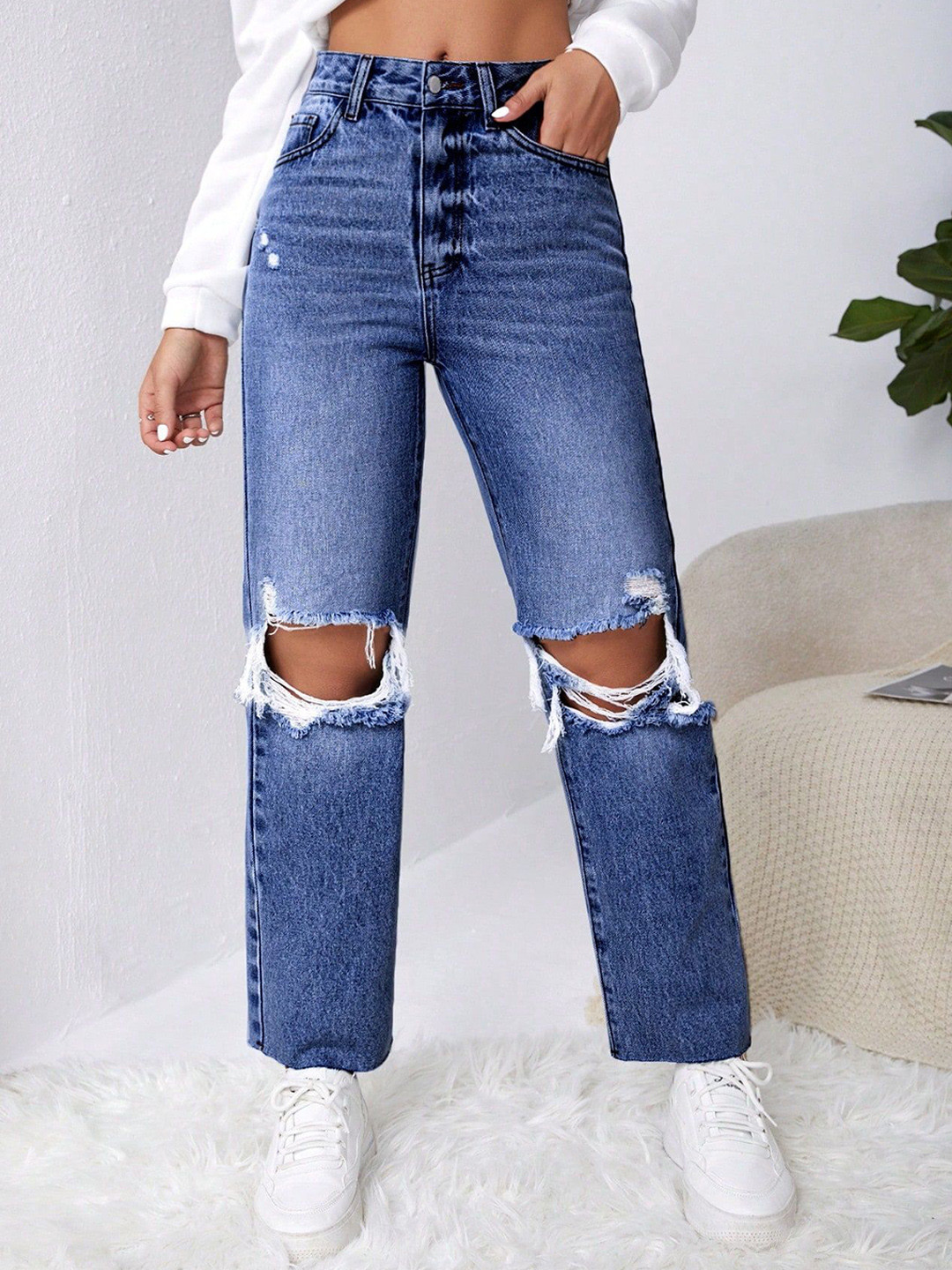 

NUCOUTHS Women Jean High-Rise Slash Knee Heavy Fade Stretchable Jeans, Blue