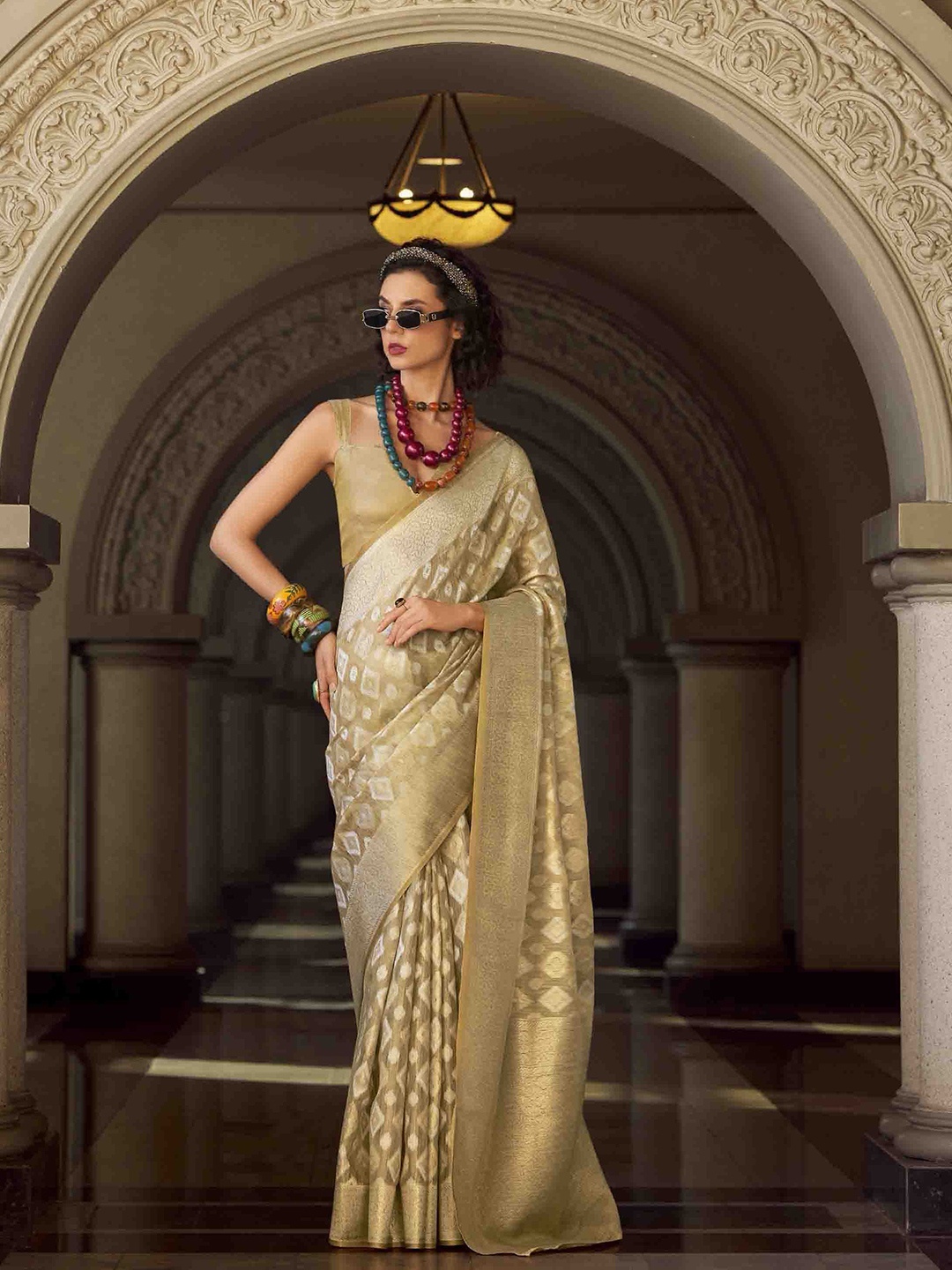 

Blissta Woven Design Zari Tissue Ikat Saree, Beige