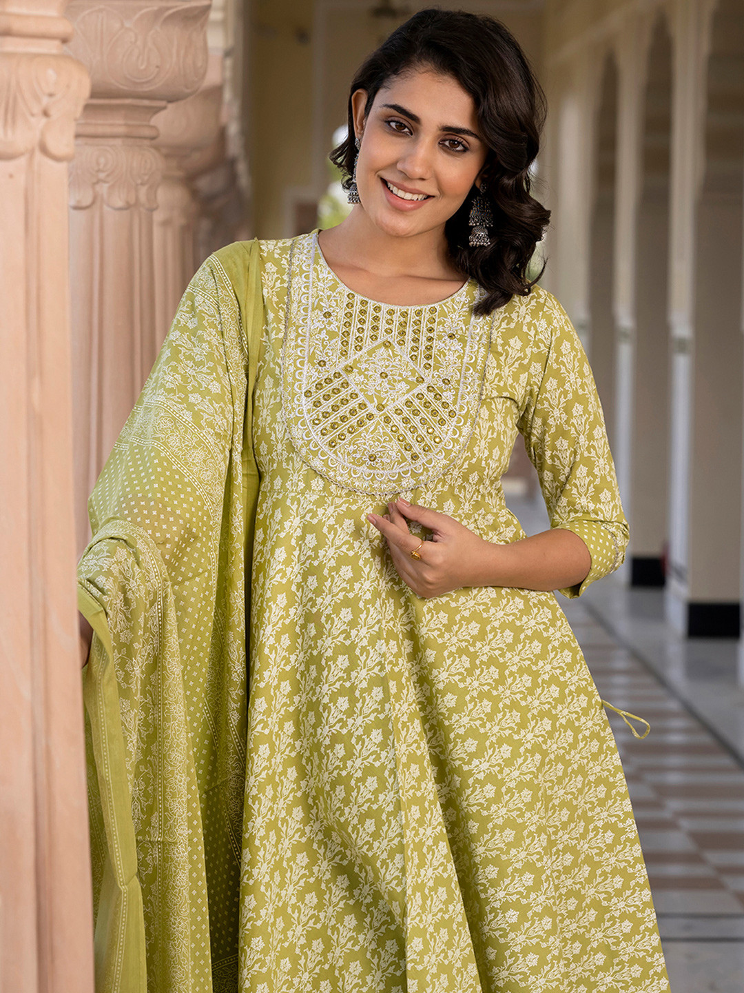 

KALINI Women Ethnic Motifs Printed Regular Pure Cotton Kurta with Trousers & With Dupatta, Green
