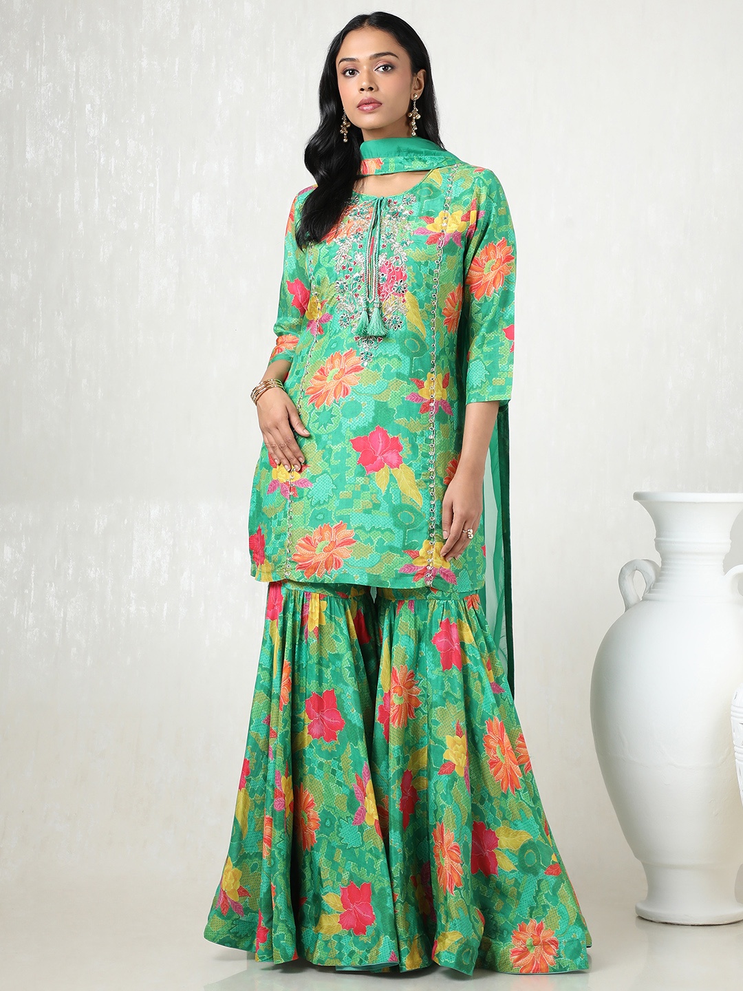 

Soch Women Floral Printed Regular Mirror Work Kurta with Sharara & With Dupatta, Green